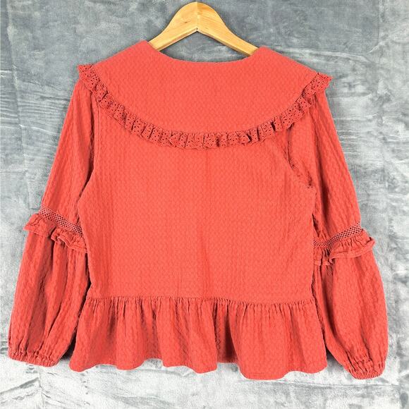 Womens Top Medium Boho Chic Retro Peasant Eyelet Trim Ruffles Feminine Gauzy - Picture 8 of 8